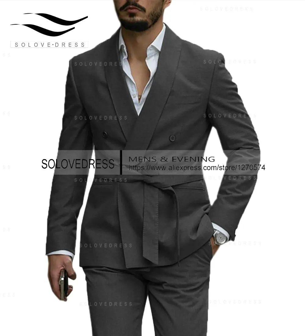 2022 Causal Mens Suit Fit 2 Piece Solid Lacing Belt Business Suits Set for Wedding Grooms (Blazer+Pants)