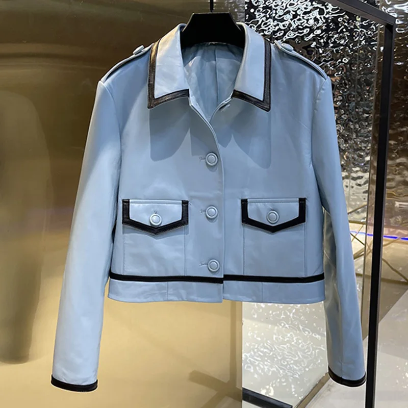 Women's Leather Jackets Crop Sheepskin Leather Coats Single-Breasted Button Motorcycle Biker Jackets 2022 New Autumn TF4801