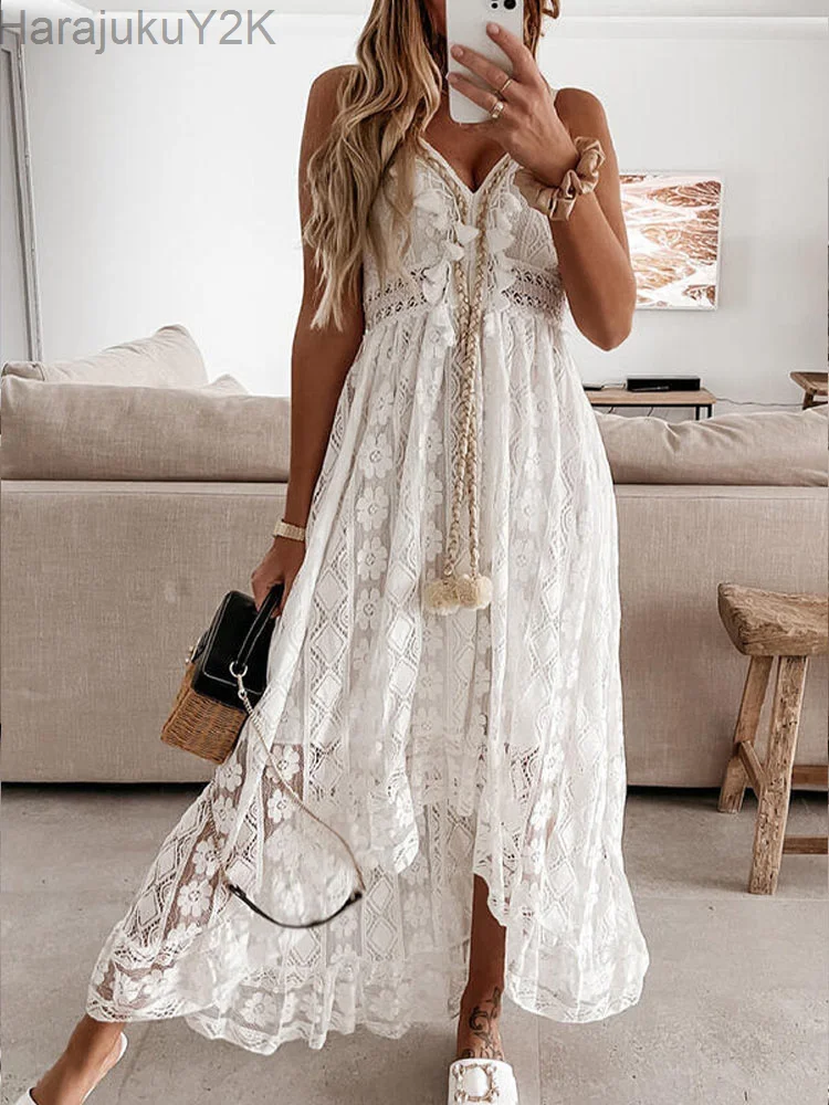 

Boho Dress Women Summer Maxi Dress Lady Off Shoulder Holiday Lace V Neck Spaghetti Strap Sundress White Dress Vestidos De Mujer