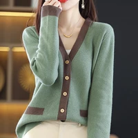 spring autumn womens v neck knitted coat elegant all match retro color matching long sleeve cardigan sweaters female clothing