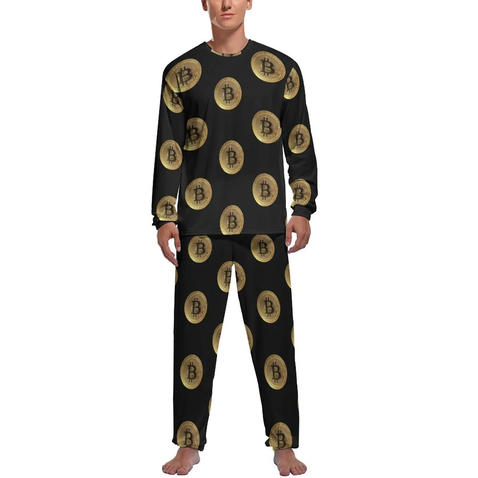 Bitcoin Crypto Pajamas Gold Coin Print Male Long Sleeve Fashion Pajamas Set Two Piece Casual Daily Graphic Sleepwear Gift Idea