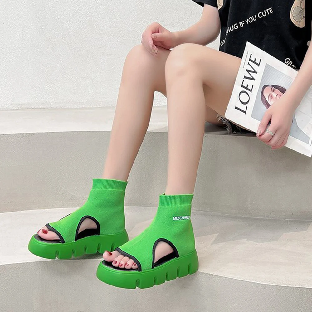 

Босоножки женские на платформе 5 см, модная обувь с открытым носком, на танкетке, из эластичной ткани, шлепанцы