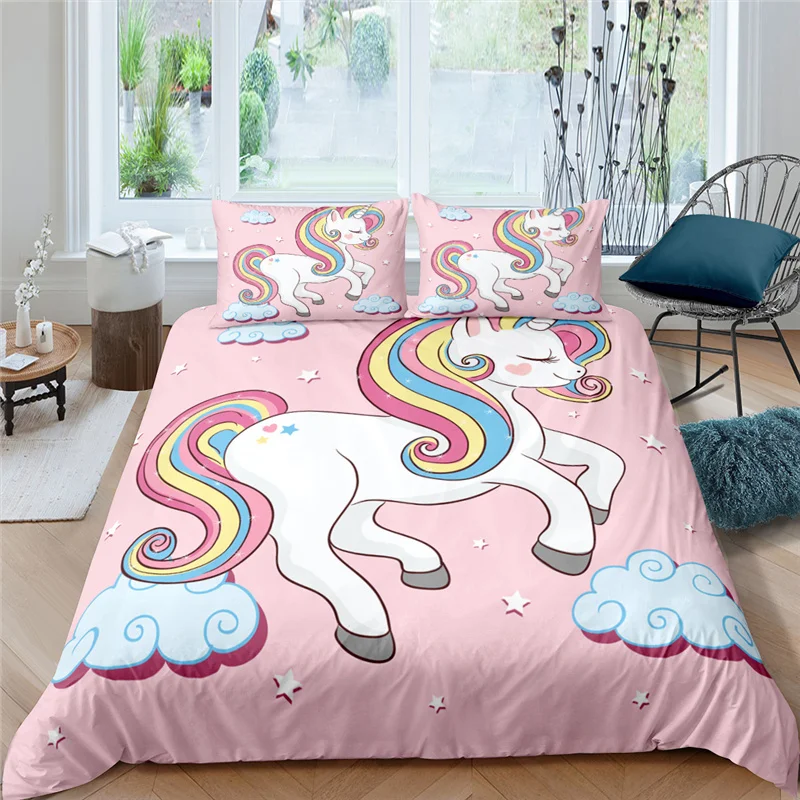 

Home Textile Luxury 3D Cartoon Unicorns Print 2/3Pcs Kids Duvet Cover Pillowcase Bedding Set Single Queen and King AU/EU/US Size