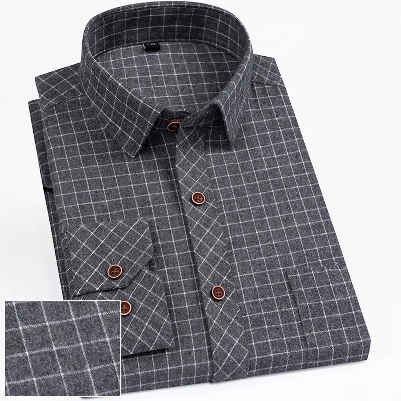 New Shirts Striped Mens Long Sleeve Casual Business Basic Plaid Standard-fit Korean Style Single Patch Pocket Office Streetwear