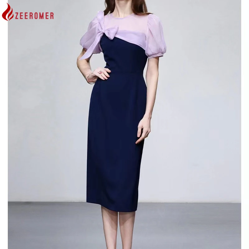 

Женское офисное платье с коротким рукавом, элегантное платье контрастных цветов в стиле пэчворк с круглым вырезом и бантом, привлекательное атласное платье с пышными рукавами, лето 2023