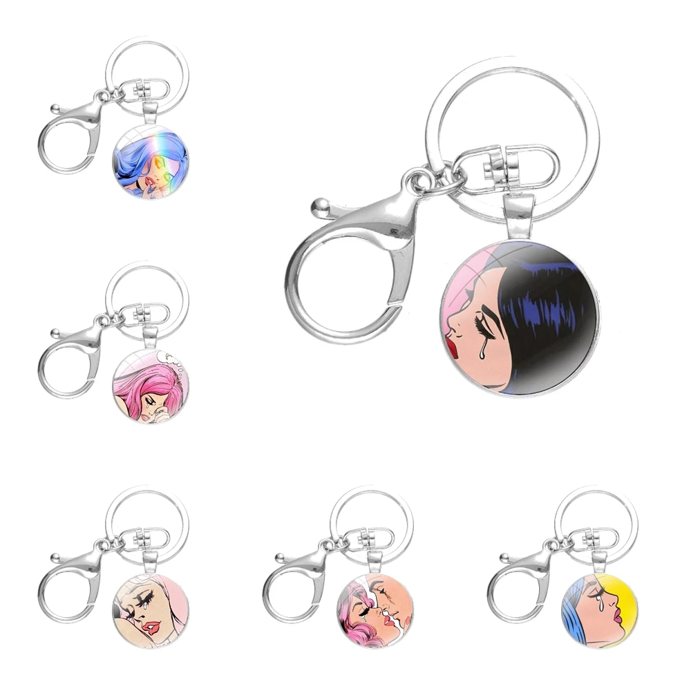 

Crying Comic Girl Painting Pop hair sad Keychain Handmade Glass Cabochon Key Ring Holder Pendant Key Chains