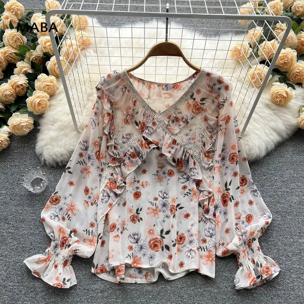 

Женская шифоновая блузка с V-образным вырезом, длинным рукавом-фонариком и оборками