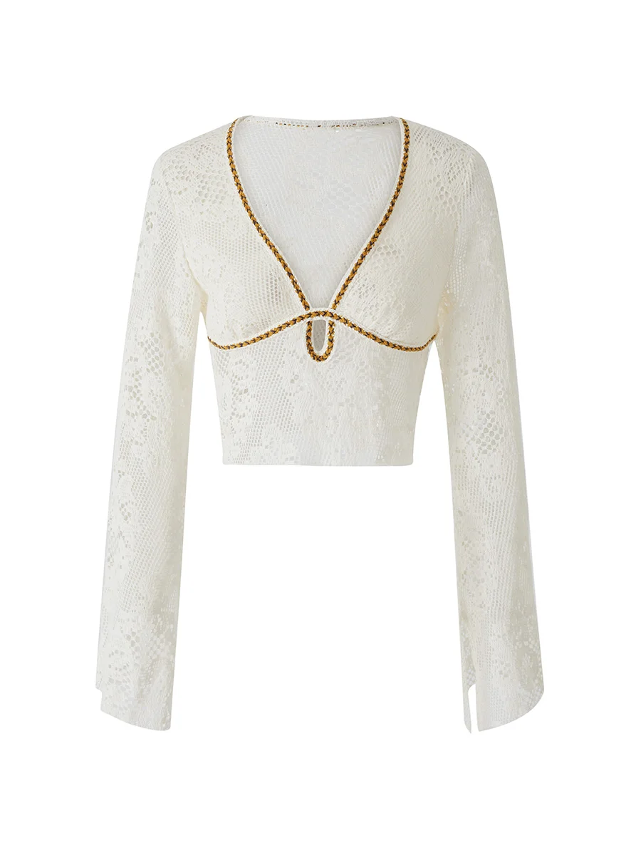 

Women Low Cut Flare Long Sleeve Crop Top Hollow Out Blouse Shirt Fashion Streetwear