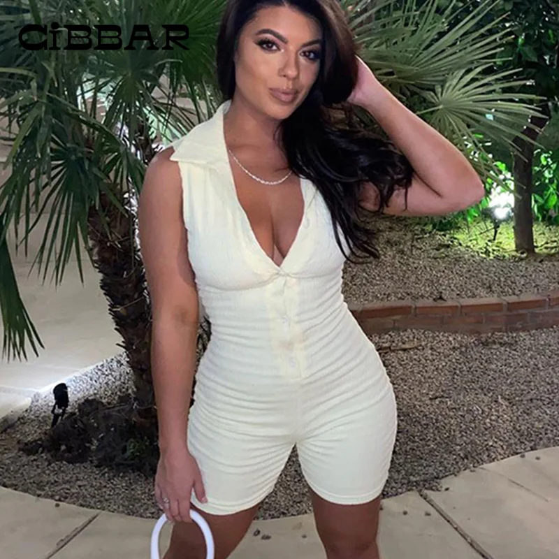 

CIBBAR Sexy Backless Bodycon Women Playsuits Clubwear Elegant Solid Button Up Overalls Summer Sporty Sleeveless One-pieces New