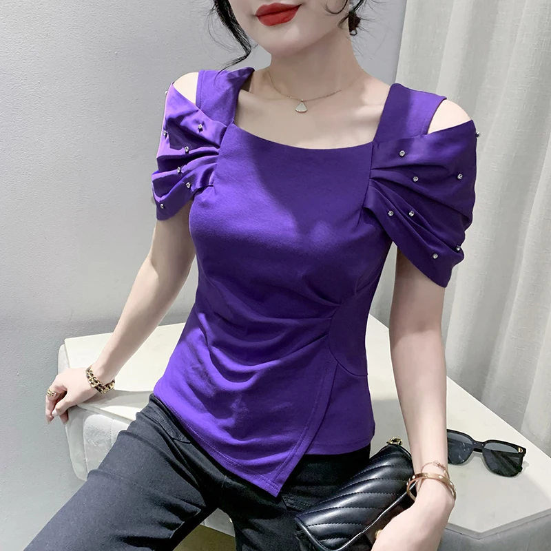 

Summer Beading Folds Short Sleeve T Shirts Women's Square Collar Irregular Slim Tshirt Tee Girl Fashion Top