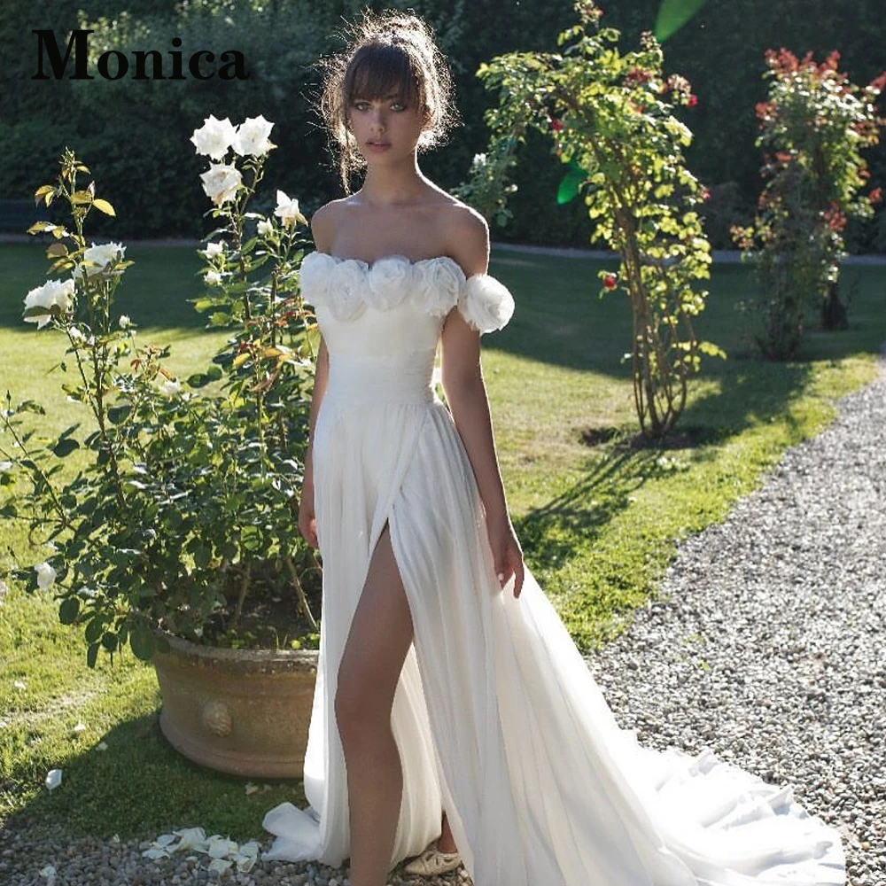 

MONICA Side Slit Strapless Off The Shoulder Tulle Wedding Dresses For Bride Robe De Soirée De Mariage Customised Charming Pleat