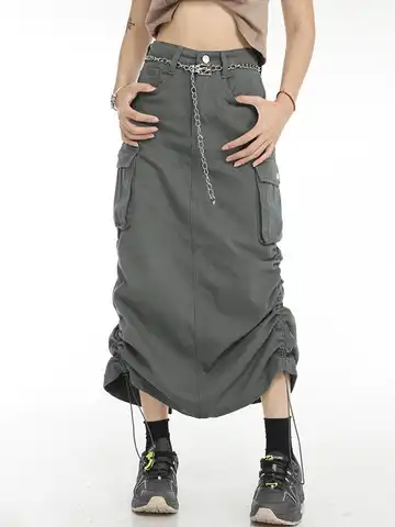 Women Drawstring Long Skirts Retro Grunge E Girl Y2K Skirt Summer Autumn Pockets Split Straight Skirts Female Streetwear