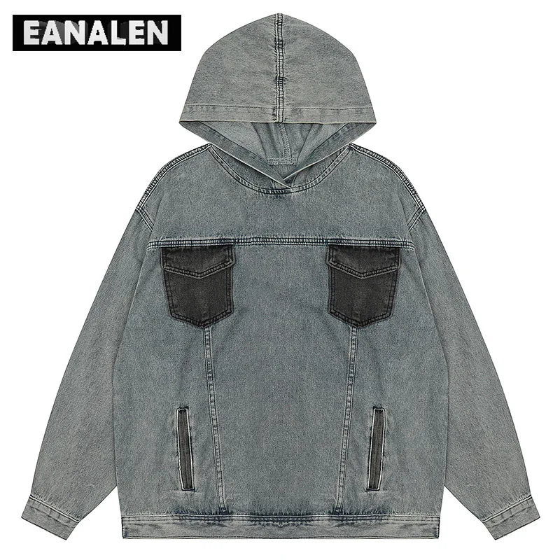 

Harajuku Vintage Blue Tie-Dye Denim Jacket Hoodie Men's Winter Street Clothing Oversized Motorcycle Racing Technology Clothing