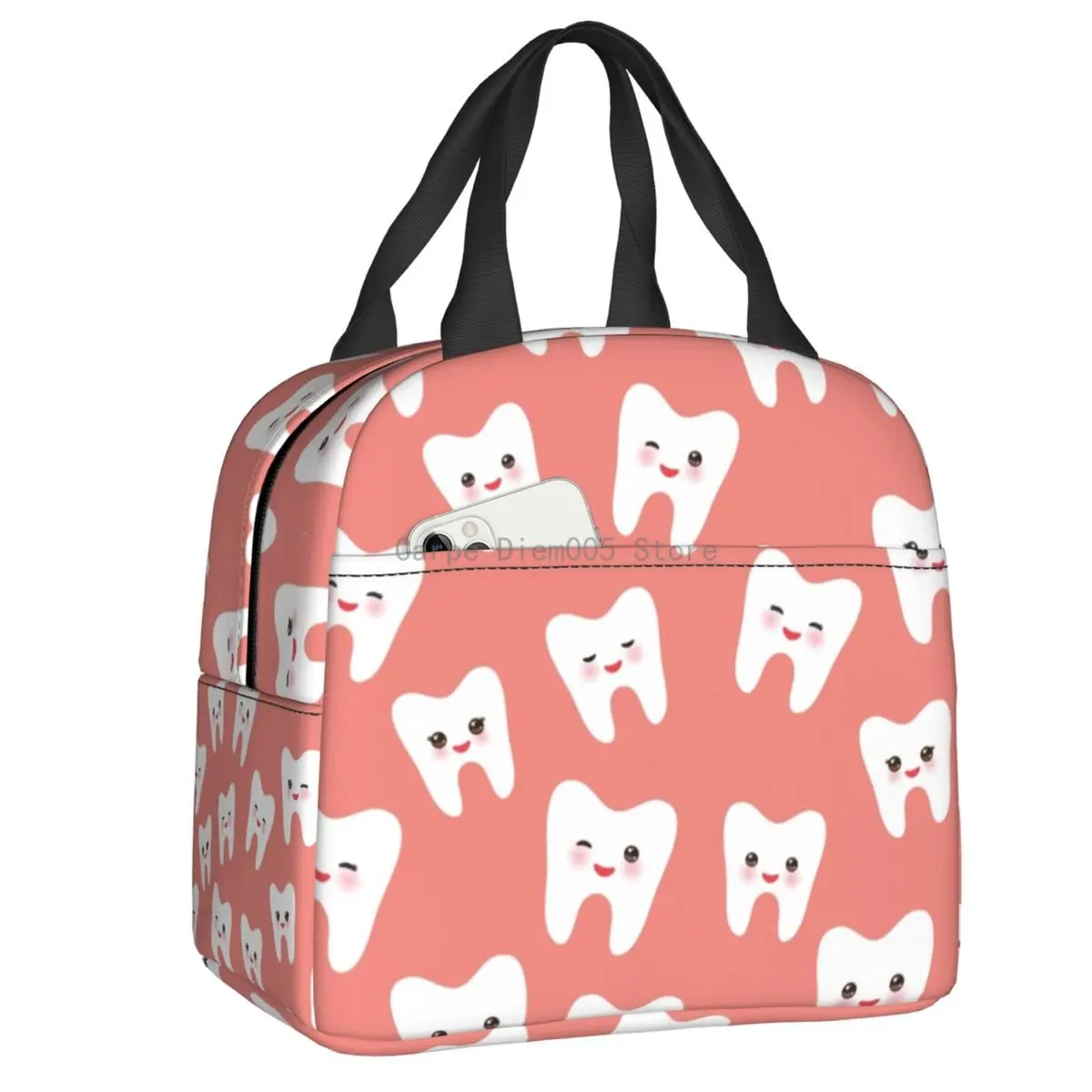 

White Teeth With Funny Faces Resuable Lunch Boxes for Women Dentist Tooth Thermal Cooler Food Insulated Lunch Bag Kids School