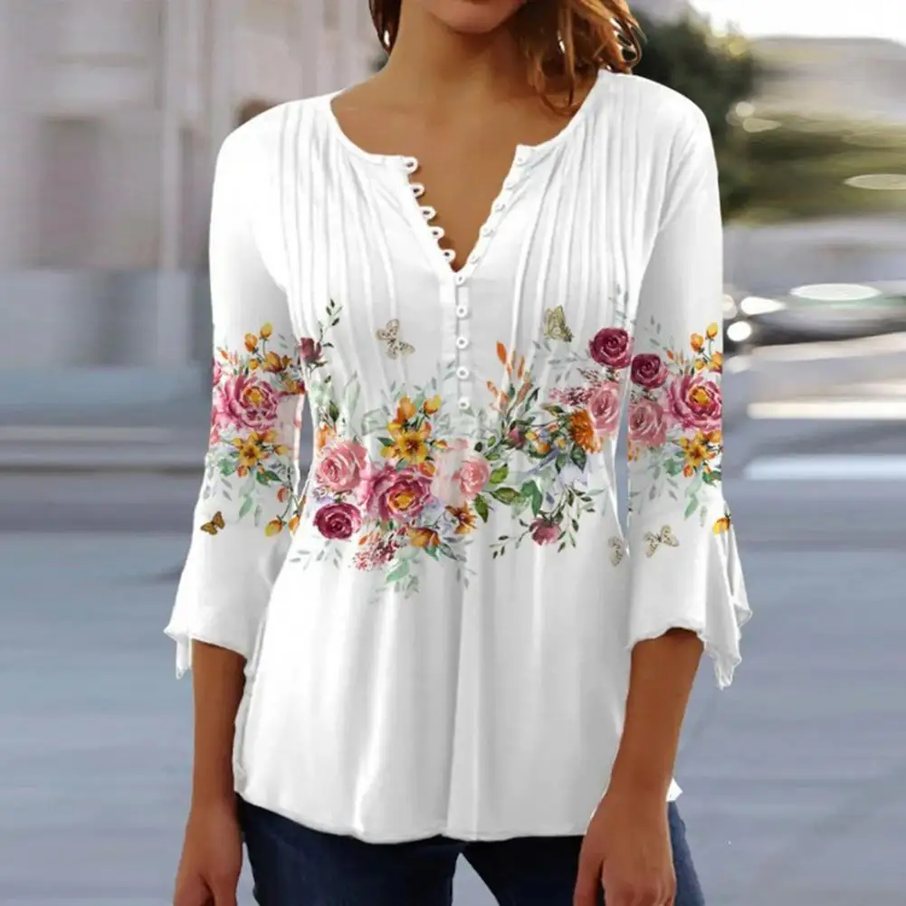 

Fashion Women T-shirt Thin Lady T-shirt Buttons Half Placket Simple Casual Floral Print Tunic Tops Versatile