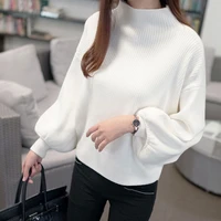 women loose knit pullover casual fashion top winter new ladies sweater fashion high neck lantern sleeve pullover