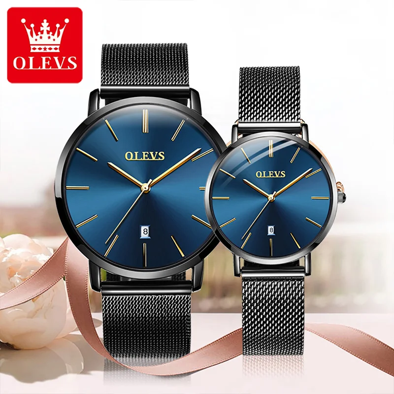 OLEVS New Men's And Women Couple Casual Waterproof Breathable Leather Quartz Watches Alloy Case Stainless Steel Strap Watch 5869