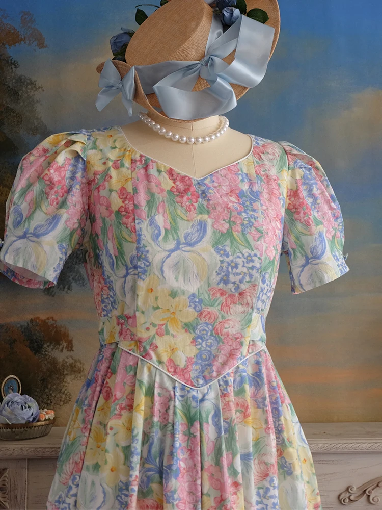 Spring Summer Women Loose Plus Size Vintage Style Elegant Lady Romantic Pink Floral Print Handmade Cotton Dresses
