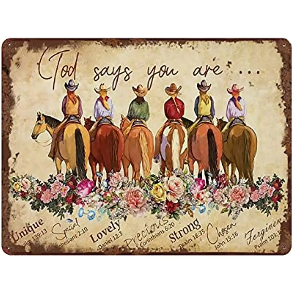 

God Says You are Cowgirl Bible Verse Inspirational Vintage Tin Sign for Horse Lovers Cowgirl Christian Art Vintage Wall Decor