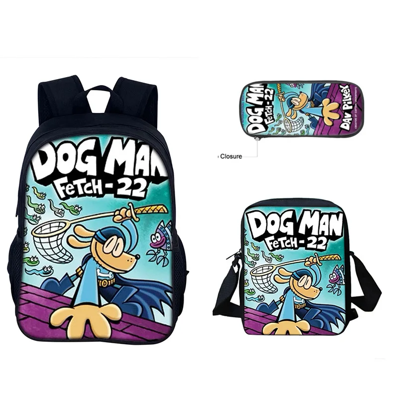 Фото Набор из 3 предметов Dog Man: Забавный мультяшный школьный рюкзак для мальчиков с сумкой через плечо, пеналом и принтом игровых персонажей, водонепроницаемый детский ранец №3