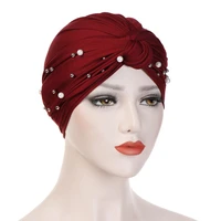 new solid indian hats forehead cross stretch beaded inner hijabs female headscarf bonnet ladies head wraps turban women caps