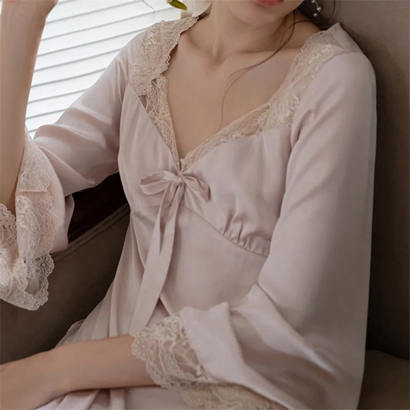 CAIYIER V-Neck Sexy Silk Nightdress Women Sweet Lace Sleepdress Retro Palace Long Sleeve Sleepshirts Fashion Party Nightgowns