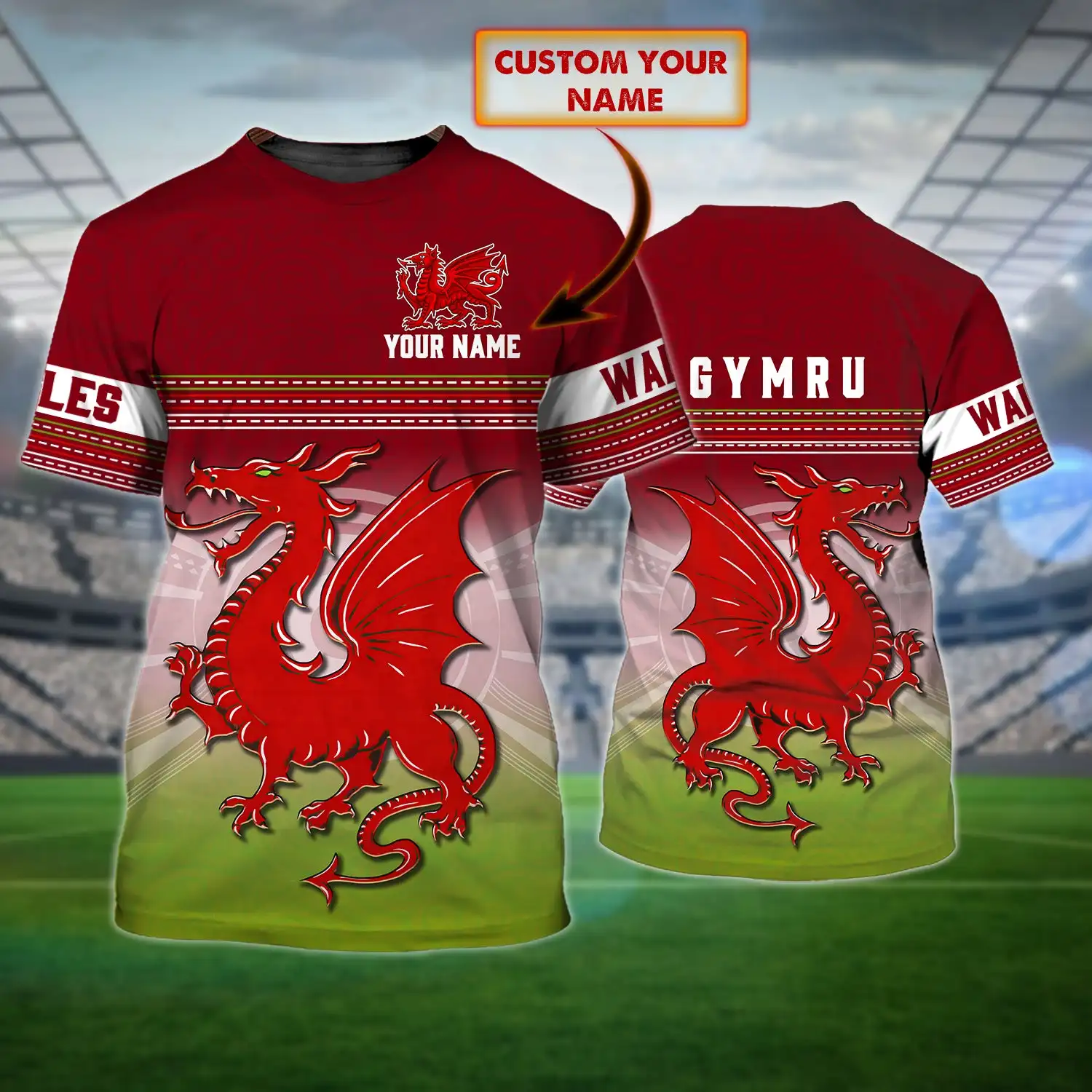 

Tessffel National Emblem Flag Galles Cymru Dragon Tattoo Custom Name Printed Men's Round Neck T-Shirt Casual Versatile Tops