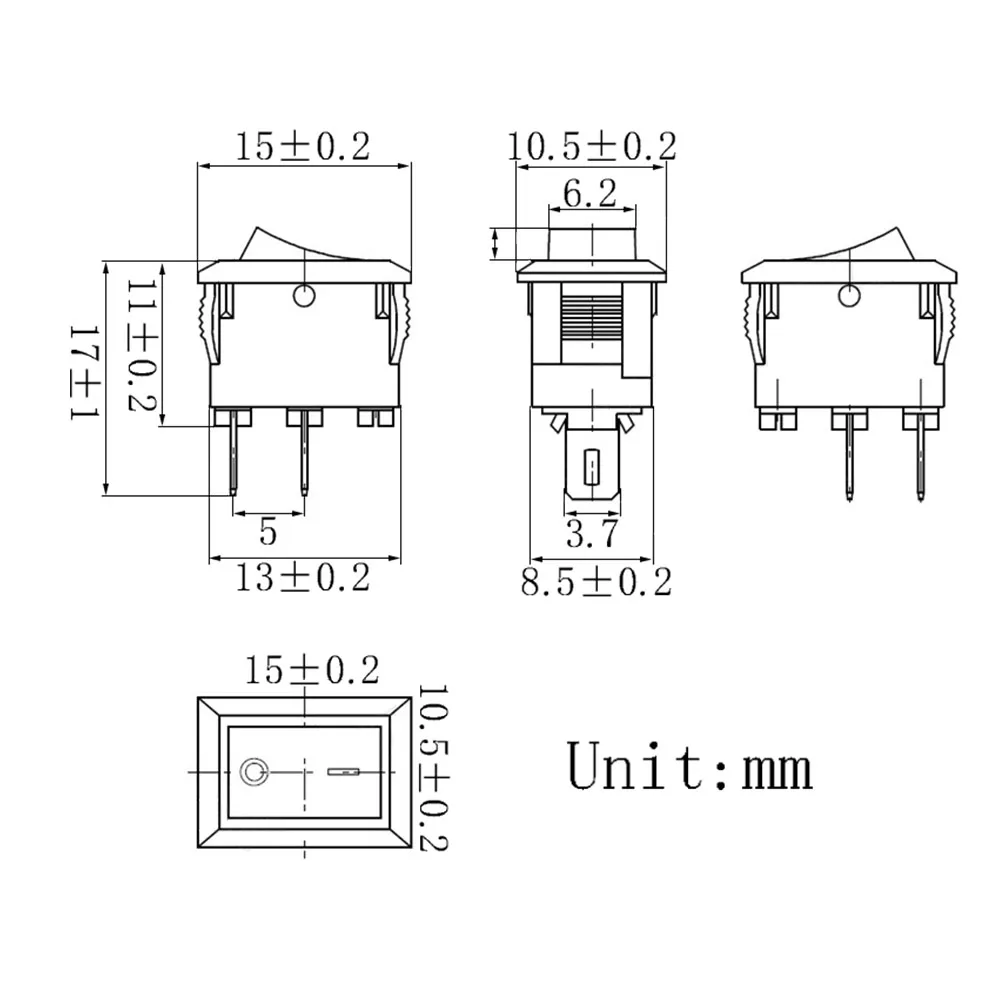 10 шт. KCD1 2-контактный клавишный переключатель 10x15 мм мини-кнопочный SPST 3A 250 В