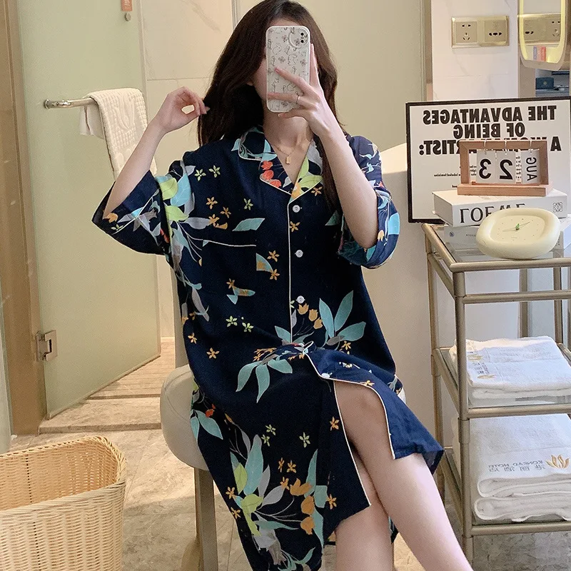 Women's Summer Thin Turn-Down Collar Shirt Dress Pajamas Fresh Printing Three Guarter Sleeve Cotton Luxury Designer Clothing