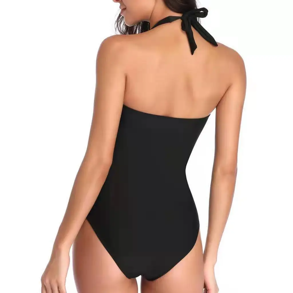 Plus Size Women Solid Sexy Swimsuit Bodysuit Strappy Hanging Neck Push Up Bikini Set Backless Wrinkle Slim Fit Swimwear