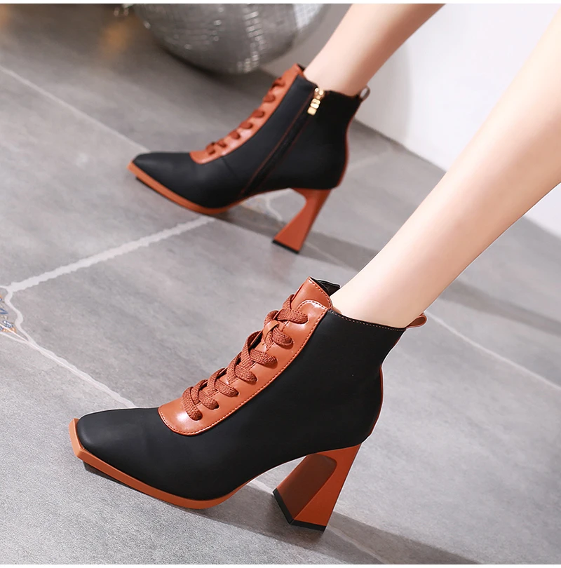 ZOOKERLIN Mixed Color Cross Straps Tapered Heels Women's Boots Winter Fashion Ankle Boots PU Leather Weave Lace Up Woman Booties