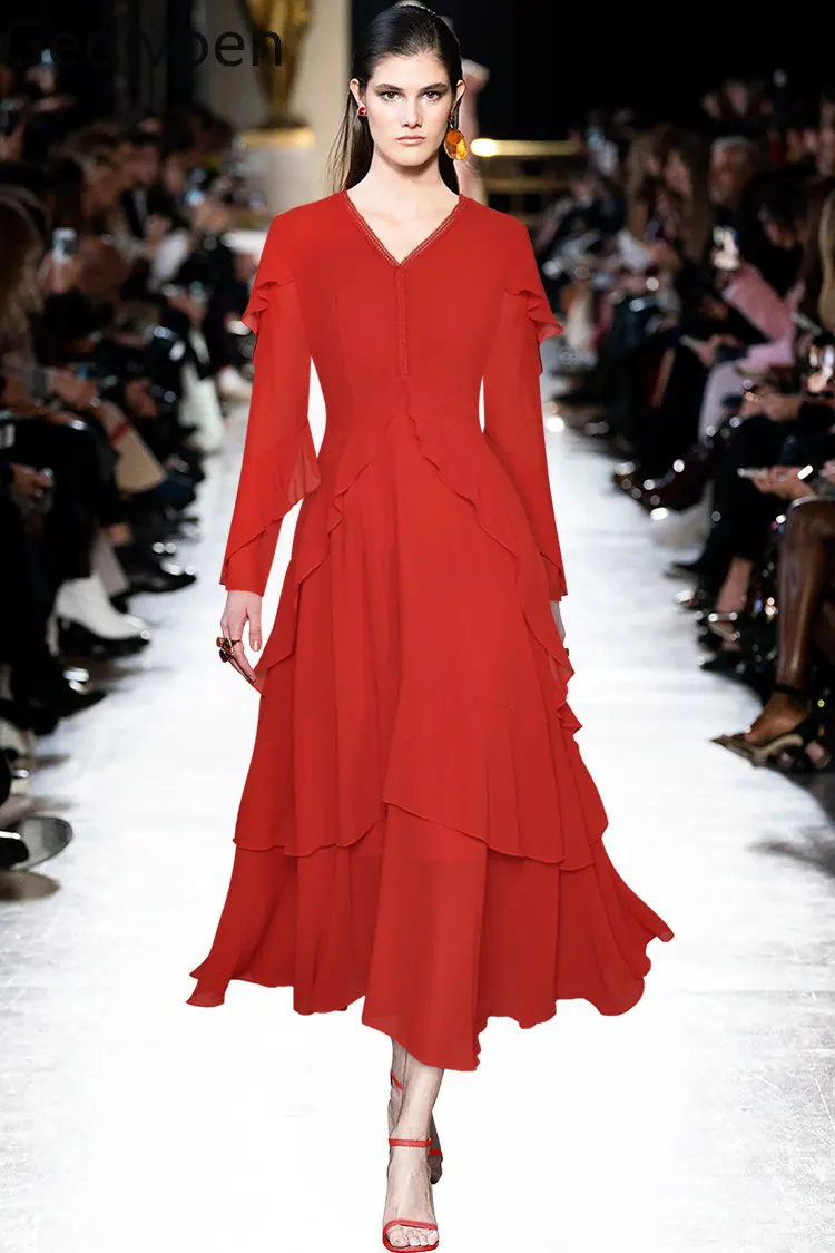 

Модельное платье Gedivoen, Осеннее женское платье с V-образным вырезом, высокой талией и оборками, элегантные красные платья с длинным рукавом