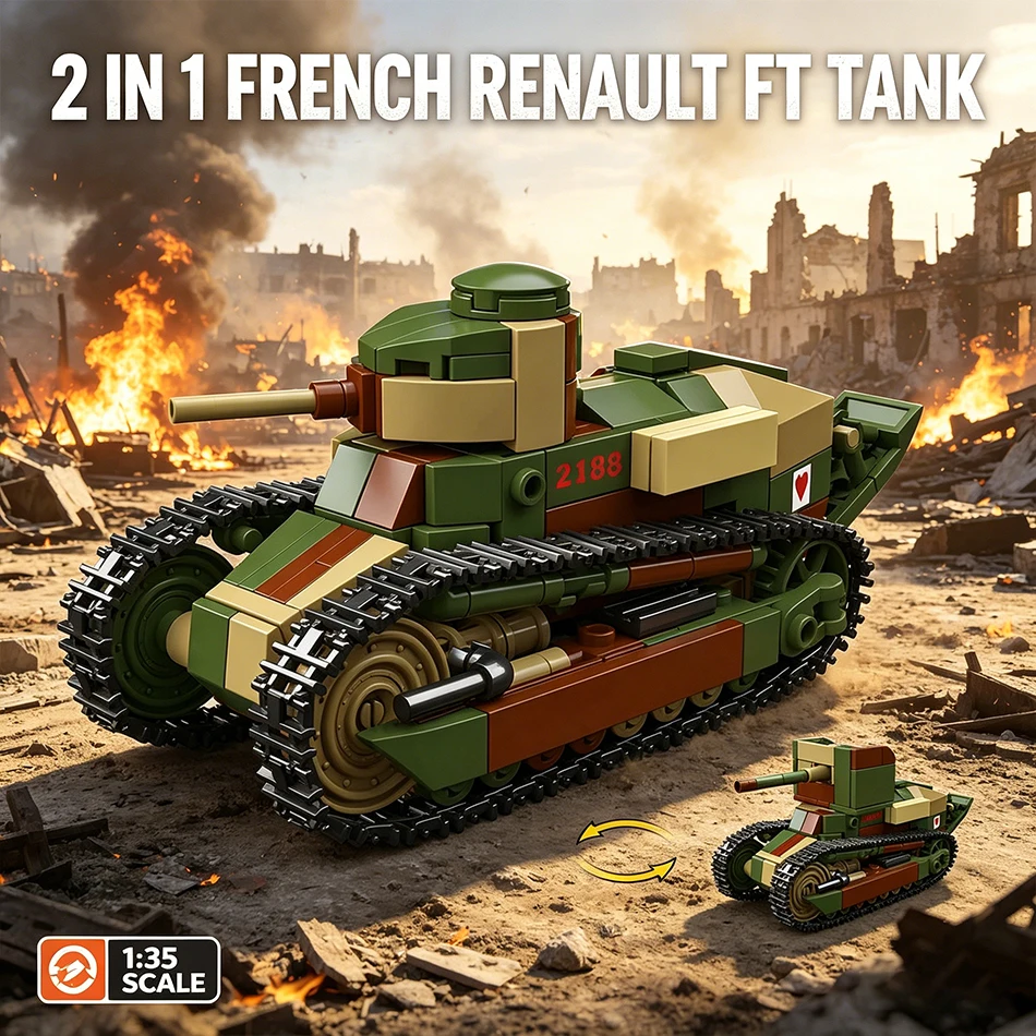 Фото Конструктор 2 в 1: военный танк Renault FT (фр. легкий танк) времен ВМВ и пулемет для защиты от танков (военная техника времен Первой мировой войны). Игрушка для детей, подарок. №1