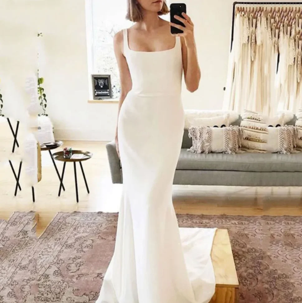 

Женское свадебное платье с юбкой годе Angel Custom, белое платье на тонких бретельках с квадратным вырезом и открытой спиной, мягкое платье невесты