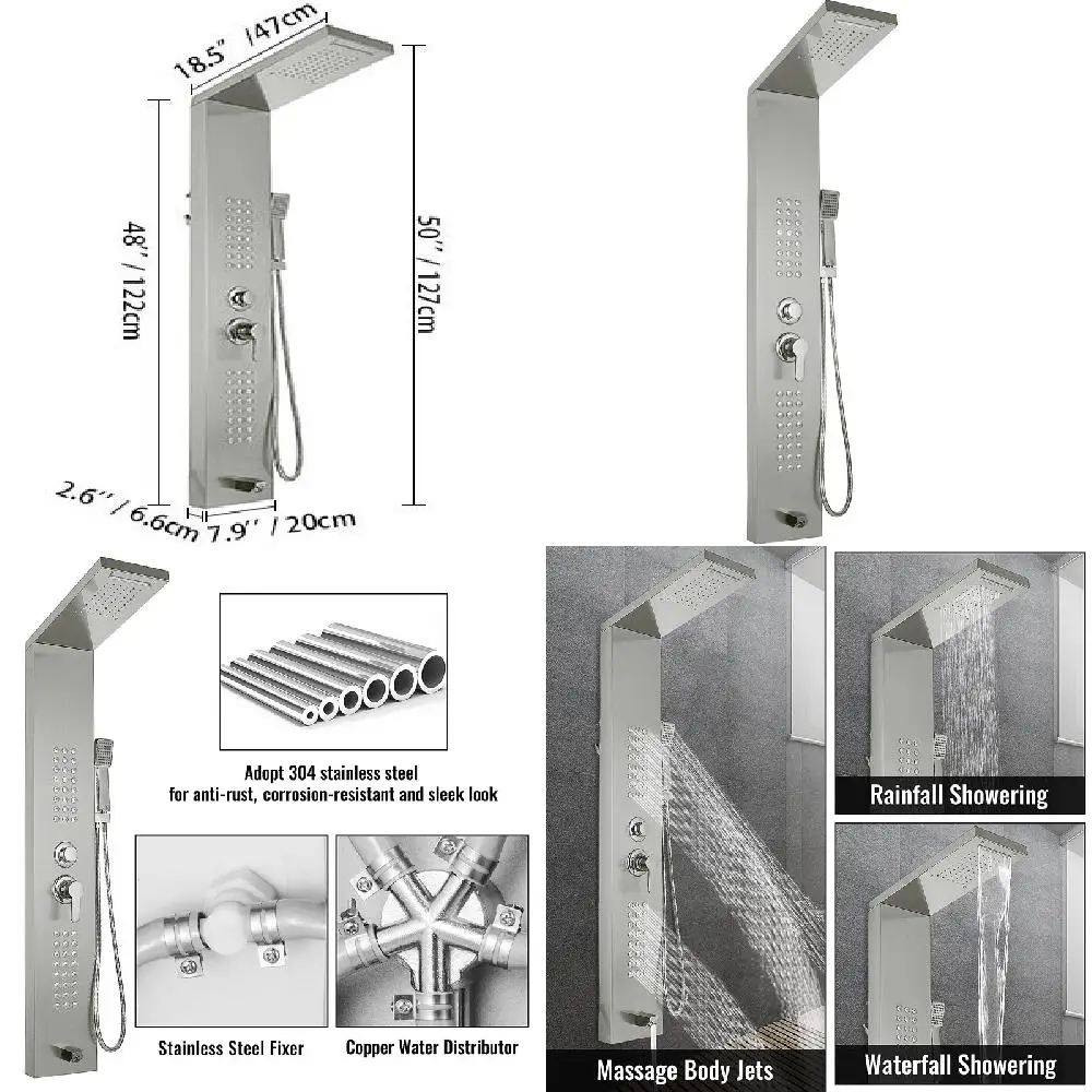 

Роскошная многофункциональная душевая башня из серебристой нержавеющей стали с дождевыми массажными насадками, ручной душ и носик для ванны-Enj