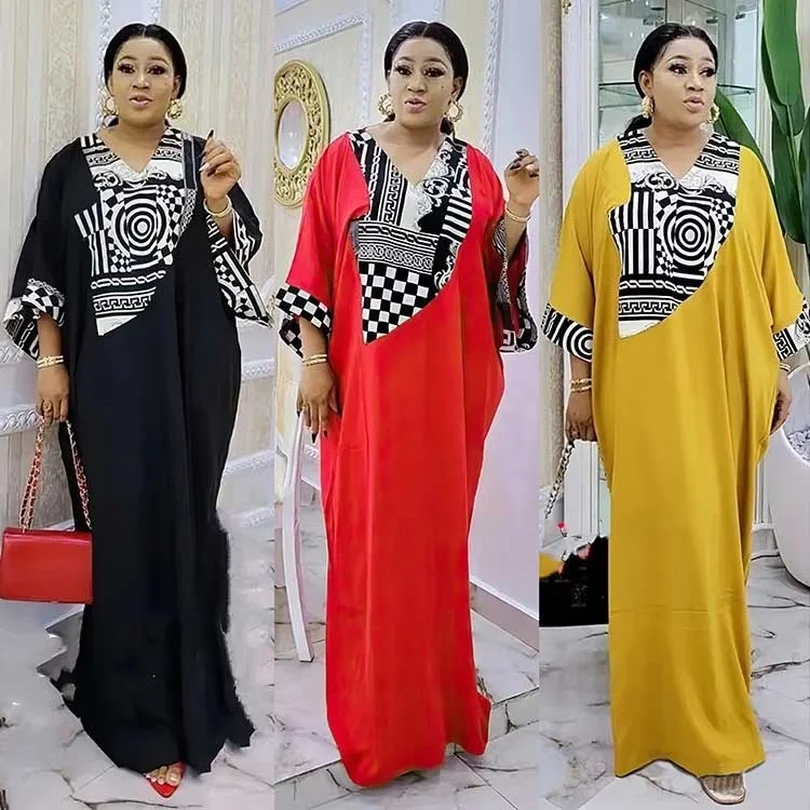 

African Dresses for Women Summer Fashion Dashiki V-neck Patchwork Polyester Long Maxi Dress Muslim Abaya African Clothing