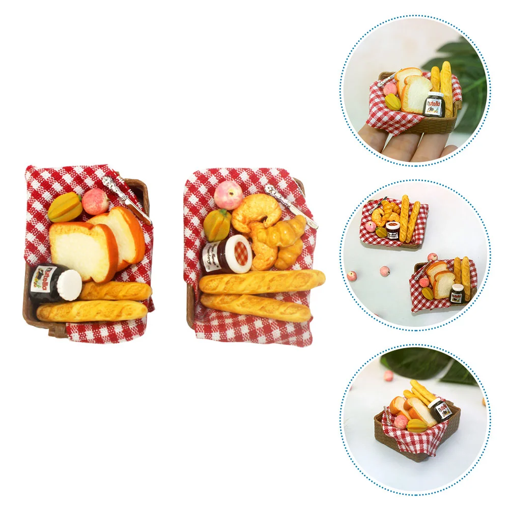 

2 Sets Mini Food Decor Children Pretend Play Kit Miniature Bread Basket Mini Breakfast Adorn