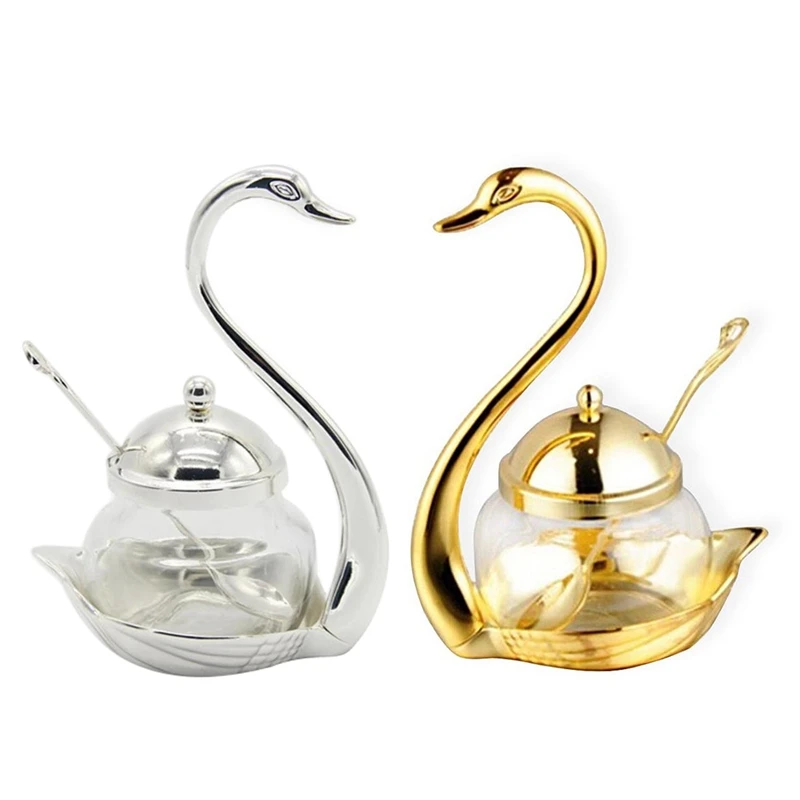 

2 Pcs Aluminum Alloy Condiment Pot Seasoning Container Spice Glass Jar Salt Sugar Bowl Pepper Coffee Storage Organizer Swan Rack