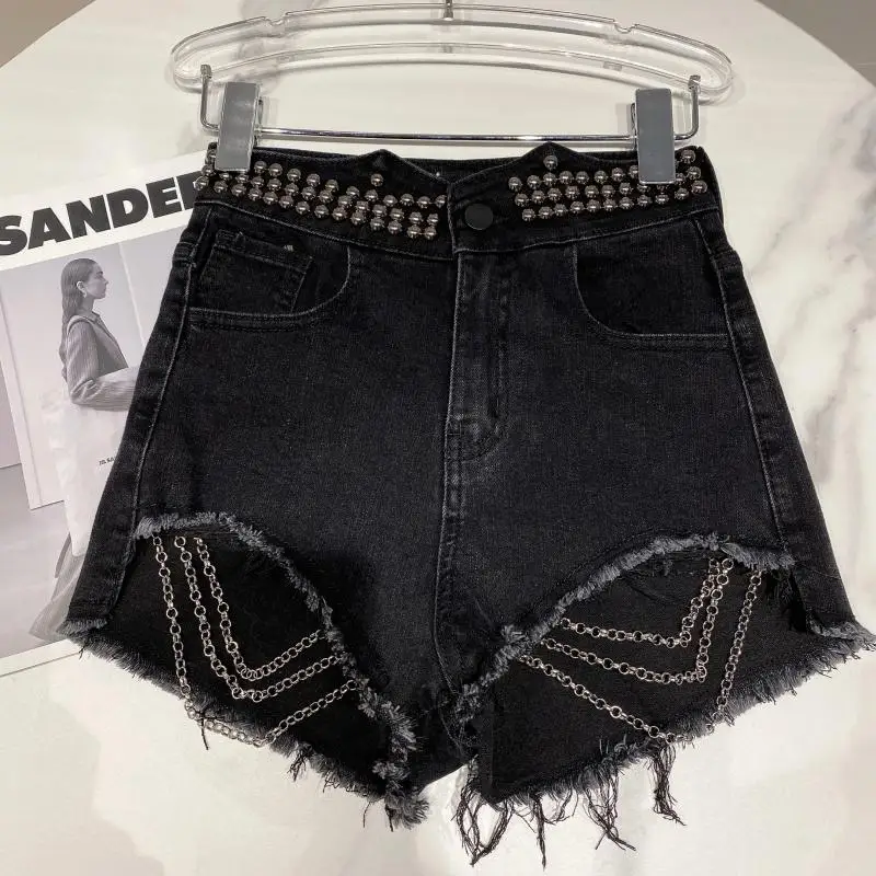2023 New Summer High Waist Shorts Female Head Rivet Beaded Bottoms Fashion Women's Denim Shorts Loose Casual Shorts for Lady