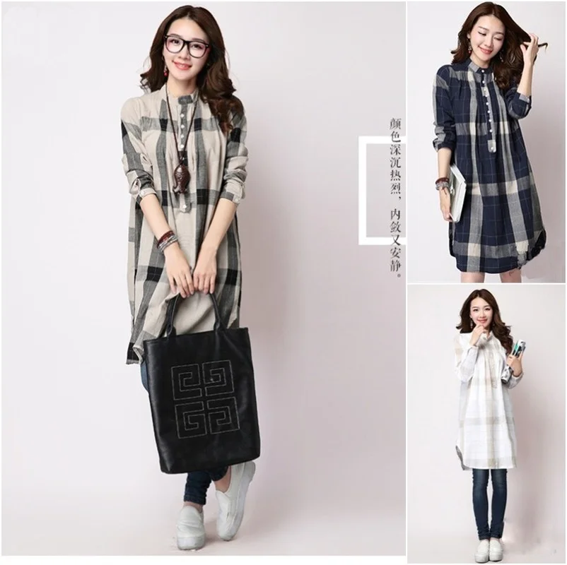 

Новинка весна-осень 2022, женская рубашка в клетку из хлопка и льна, женская рубашка с длинным рукавом, платье-Топ для женщин до колена