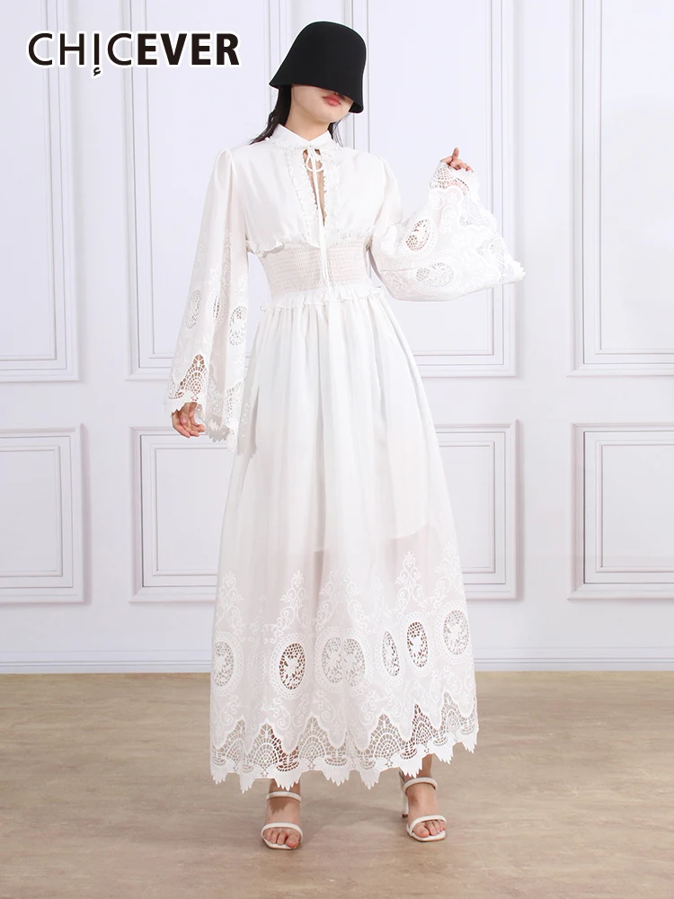 

CHICEVER, элегантные платья, открытые платья для женщин, круглый вырез, расклешенный рукав, высокая талия, сплошное, лоскутное, на шнуровке, платье для женщин