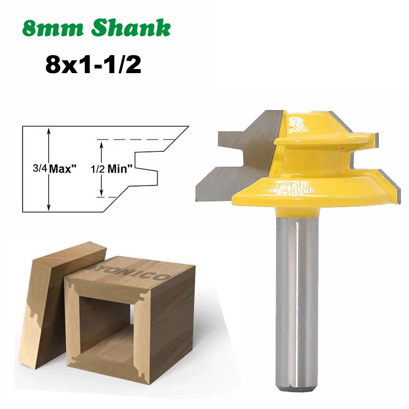 

1PC 8MM Shank Milling Cutter Wood Carving Wood 45 Degree Small Lock Miter Router Bit Mortise Tenon Knife 3/4" Stock Woodworking