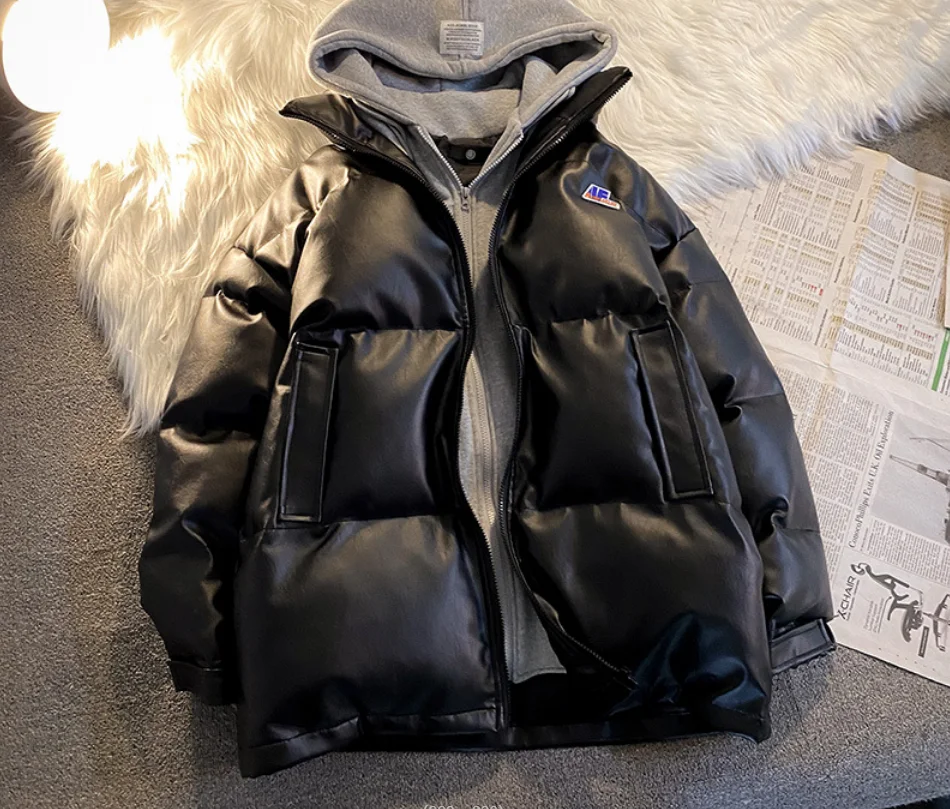 Pu lint coat men's winter thickened hooded cotton coat loose couple jacket