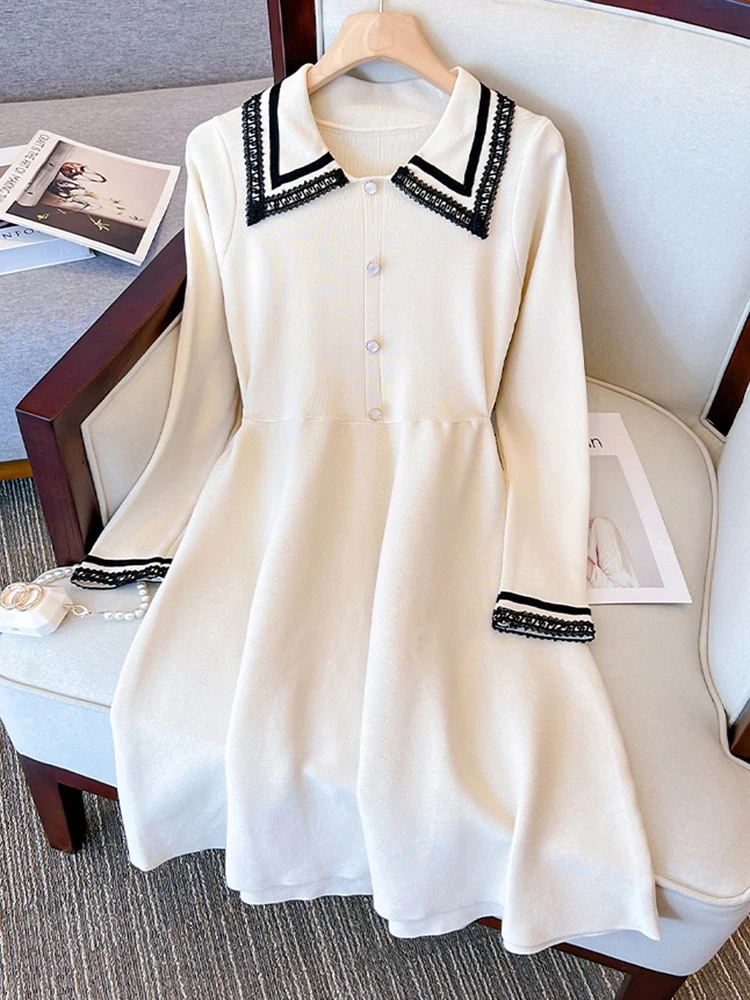 

Женское трикотажное платье-свитер, повседневное элегантное винтажное платье-трапеция с длинным рукавом, отложным воротником и высокой талией, осень 2023