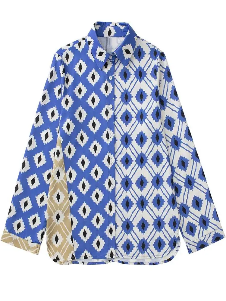 

TRAF Women 2022 Fashion Patchwork Printed Shirts Vintage Long Sleeve Button-up Female Blouses Blusas Chic Tops Streetwear