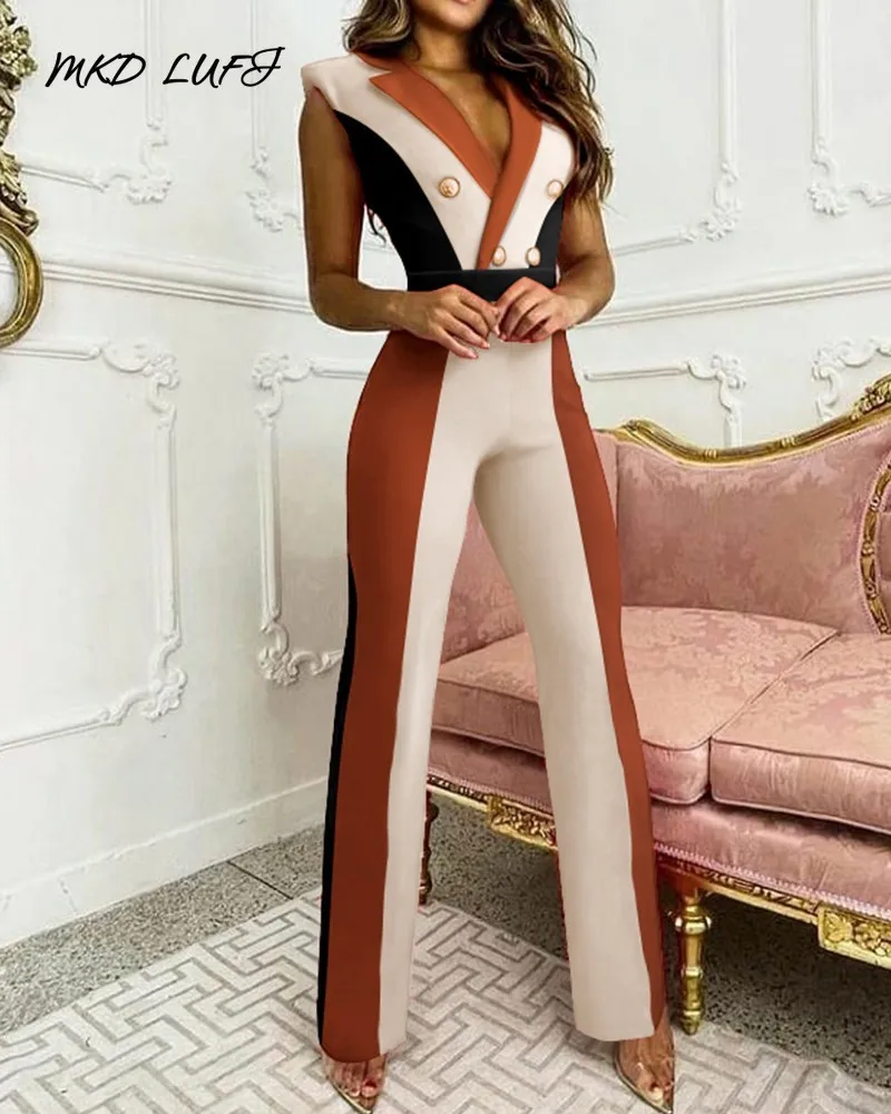 

MKDLUFI Colorblock Double Breasted Blazer Jumpsuit Sleeveless Notched Collar Elegant Rompers Women Jumpsuit Workwear