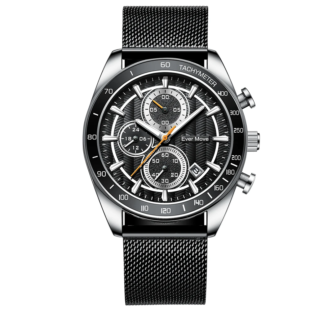 

Ever Move Brand Multifunctional Business Six Needle Timing Men's Stainless Steel Mesh Band Watch Adopts A New Wavy Dial Design