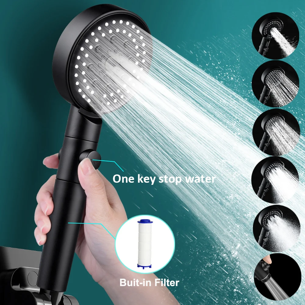 New 6 Modes Black Shower Head High Pressure Water Saving Showerhead with Stop Button Eco Filter Shower Head Bathroom Accessories