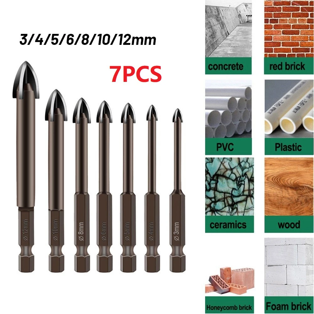 

7Pcs Cross Hex Tile Bits Glass Ceramic Concrete Hole Opener Alloy Triangle Drill 3mm-12mm 1/4" Hex Shank 4 Cutting Edges