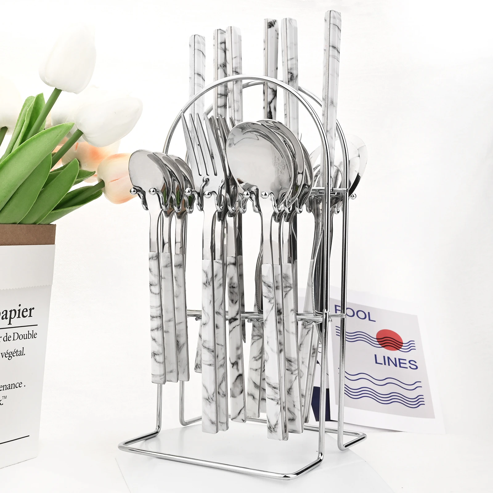 Drmfiy набор столовых приборов из 16/24 шт. ножей, вилок и ложек с мраморной текстурой, западного стиля, из нержавеющей стали, с подставкой для столовых приборов.